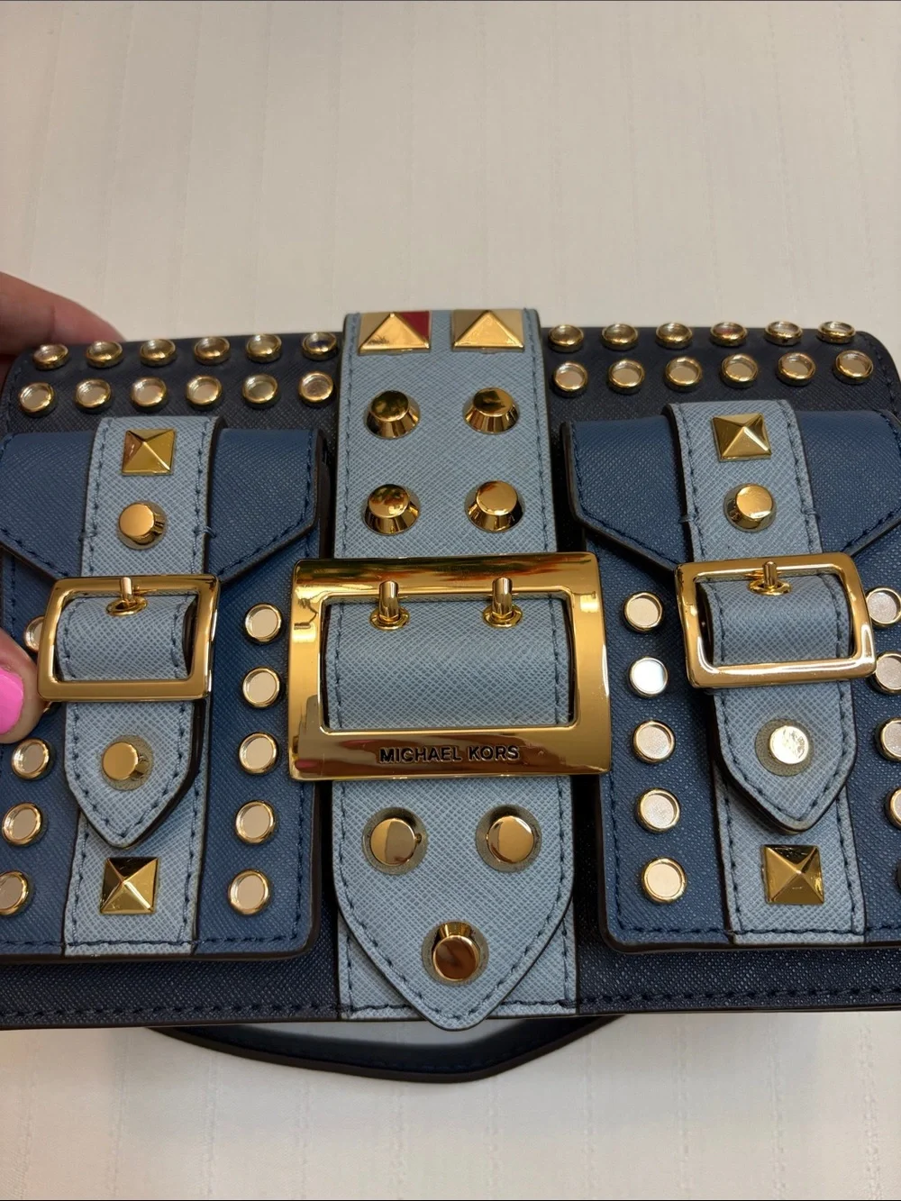 Michael Kors Navy and Light Blue Studded Shoulder Bag with Gold Chain